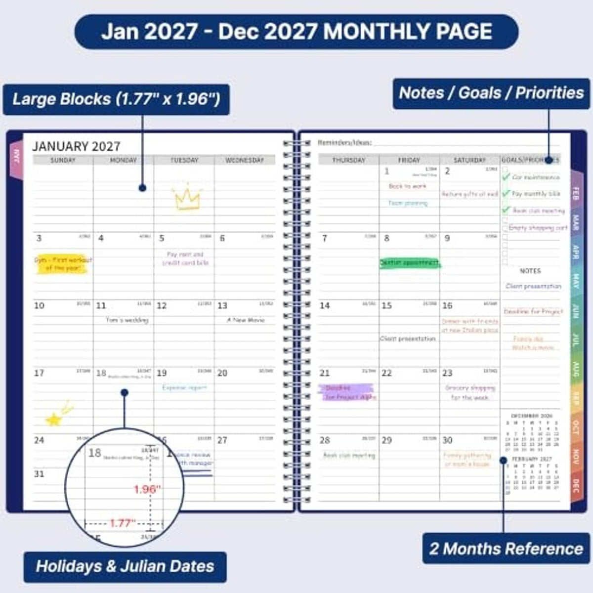 2027 monthly page spread with labeled blocks, notes/goals panel, and two-month reference.