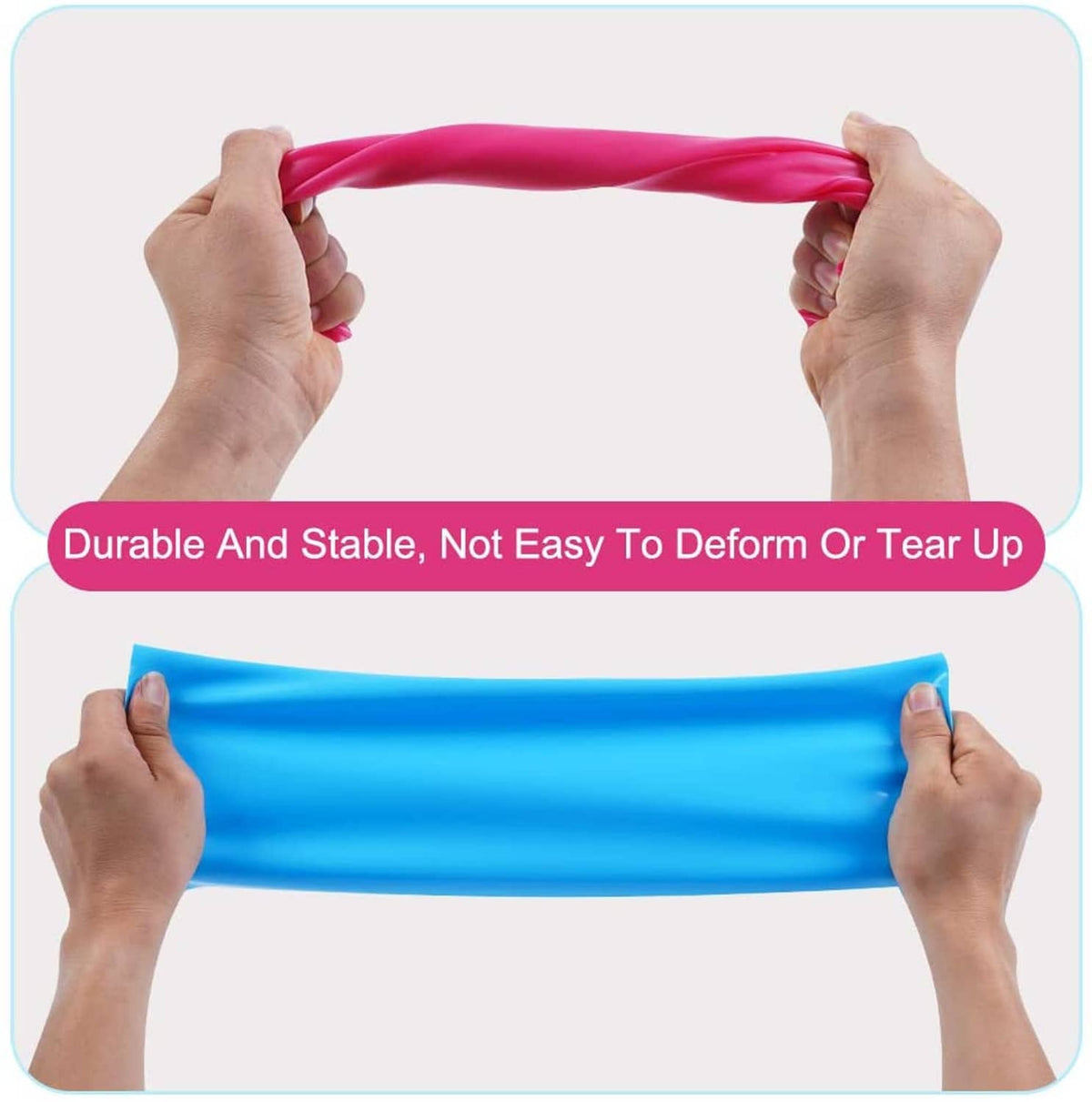 Hands holding a rolled blue silicone mat sheet, showing flexibility