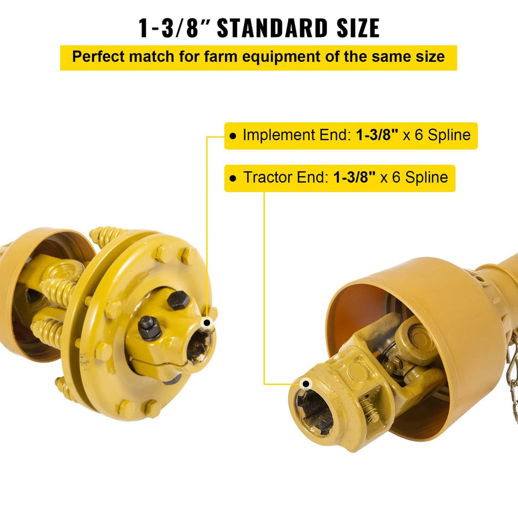 Yellow PTO drive shaft with 1-3/8" x 6 spline ends and slip clutch, dual end view