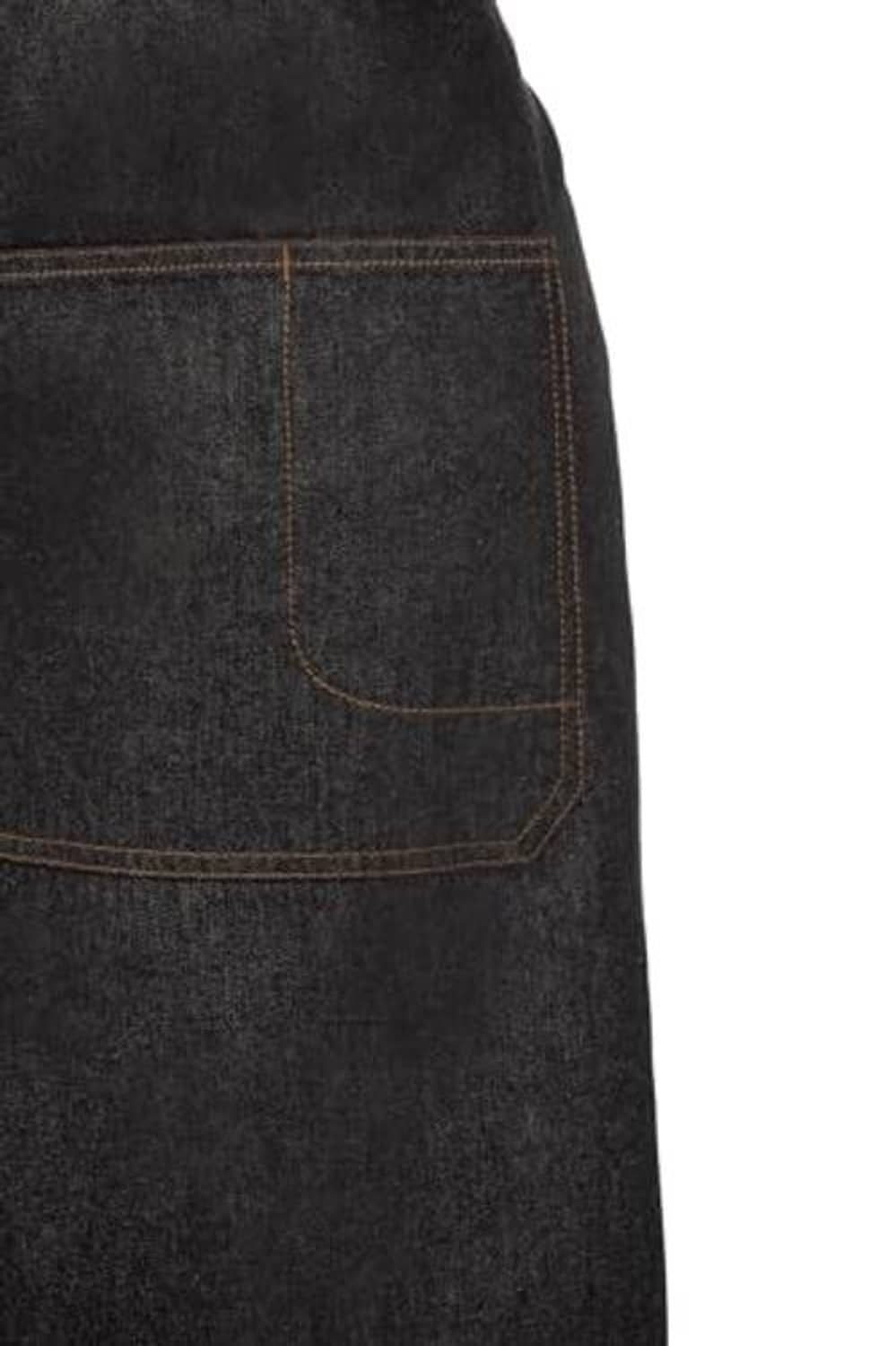 Front pocket on dark bib apron with double-stitched outline and curved pocket opening