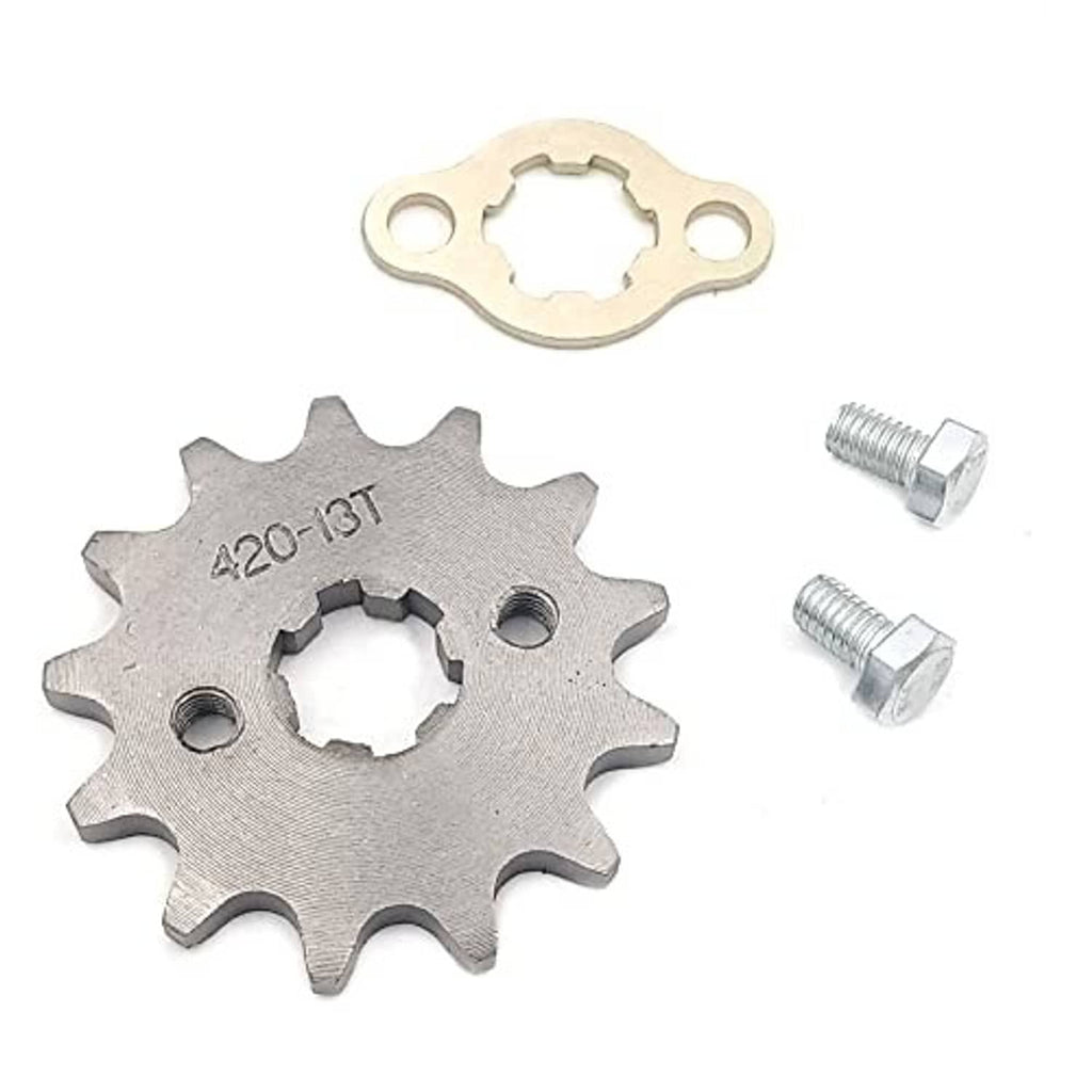 Front engine sprocket set: 420 13T steel gear, mounting plate, two mounting bolts