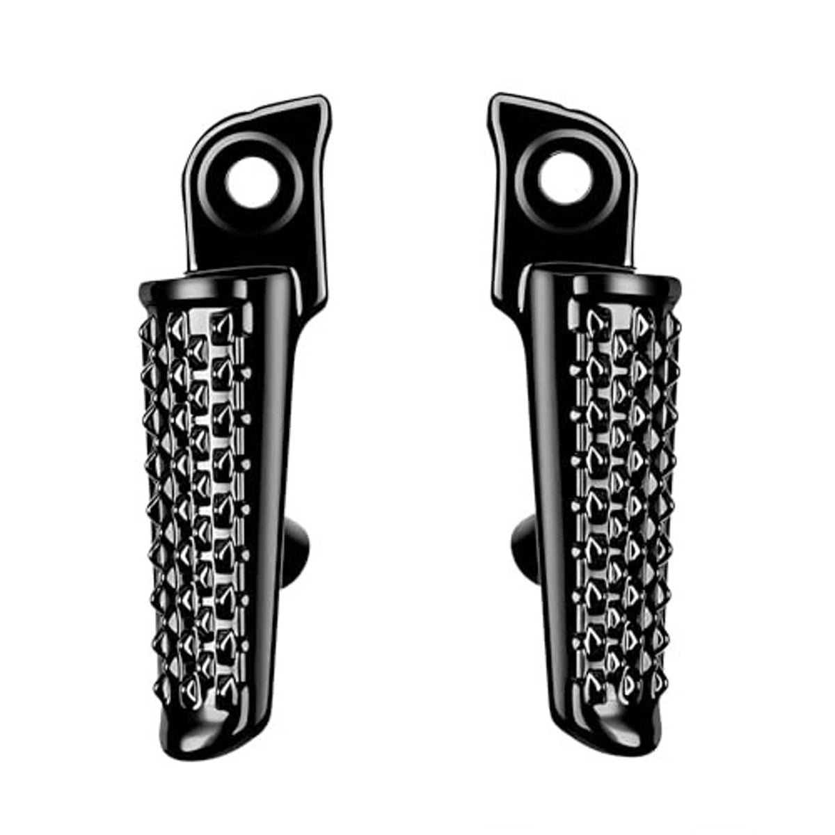 Pair of black motorcycle foot pegs with diamond-textured grip surface