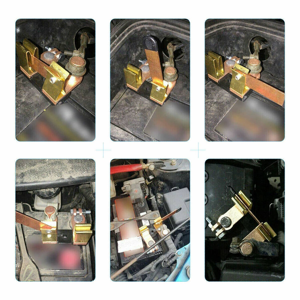 Battery disconnect switch shown in vehicle battery area with copper top post connection