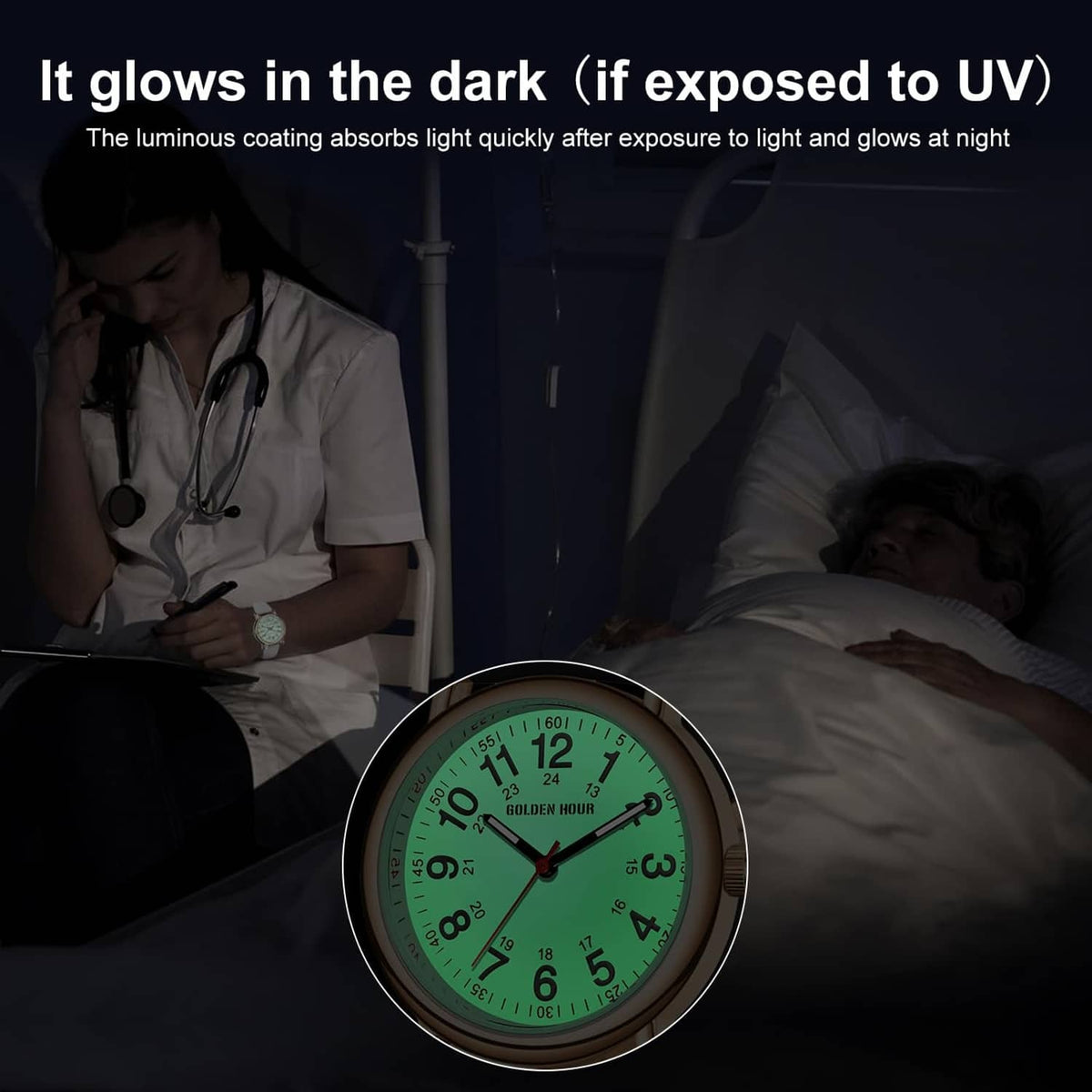 Rose gold nurse watch with white band; luminescent dial glow in dark lighting