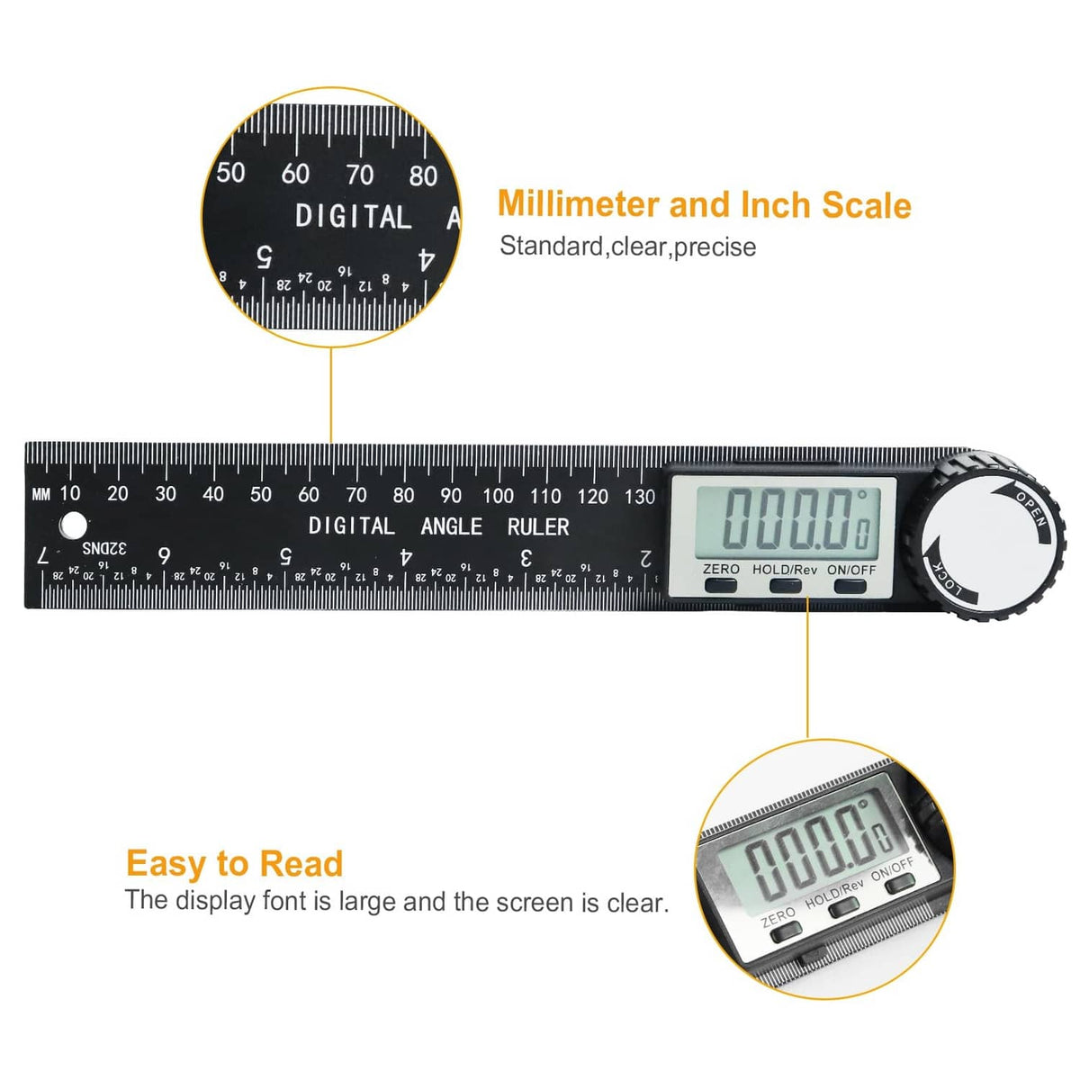 Digital angle ruler close-up with LCD window and millimeter/inch scale markings, black