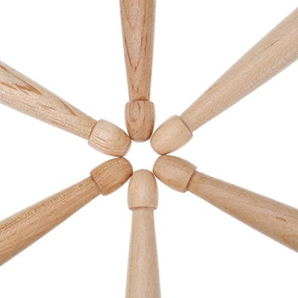Seven maple wood drumsticks fanned out with rounded tips