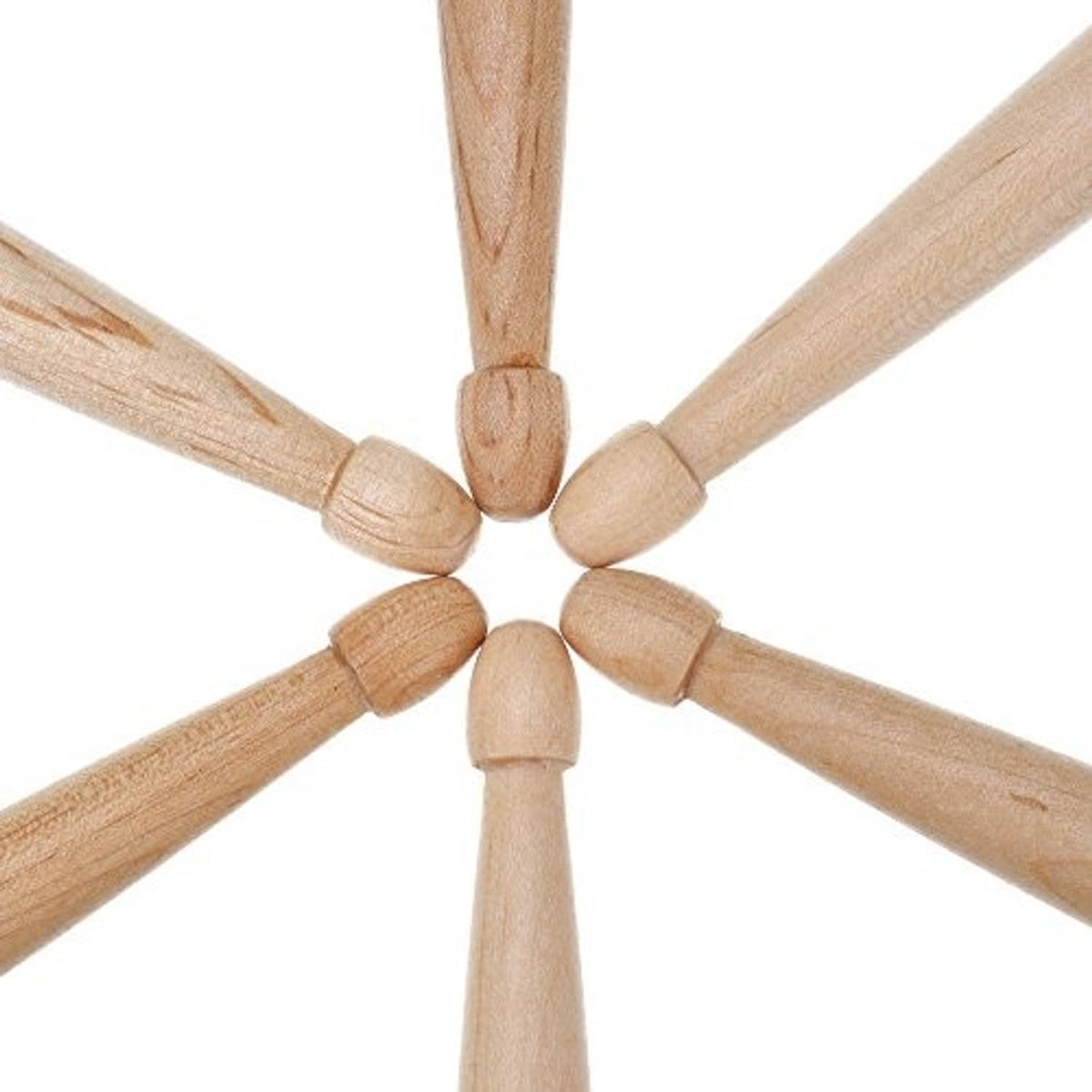 Seven maple wood drumsticks fanned out with rounded tips