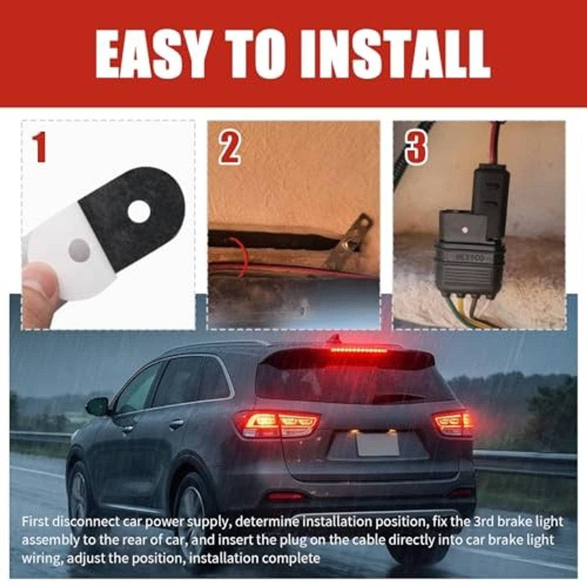 Third brake light wiring connector and coiled cable with red LED light bar