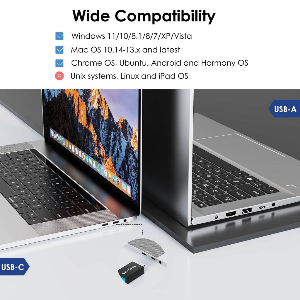 WAVLINK USB-C laptop docking station, black, connected to two laptops with port icons