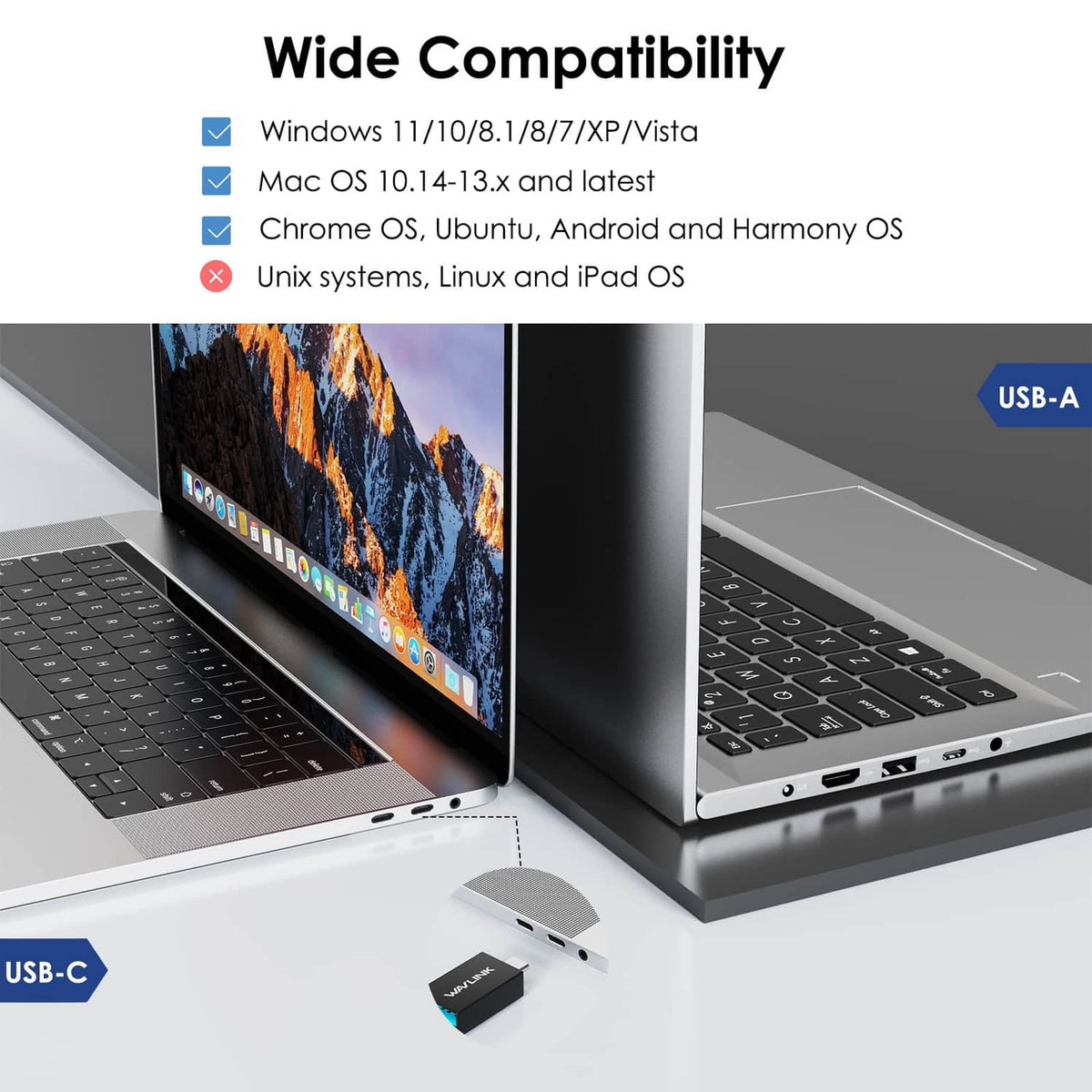 WAVLINK USB-C laptop docking station, black, connected to two laptops with port icons