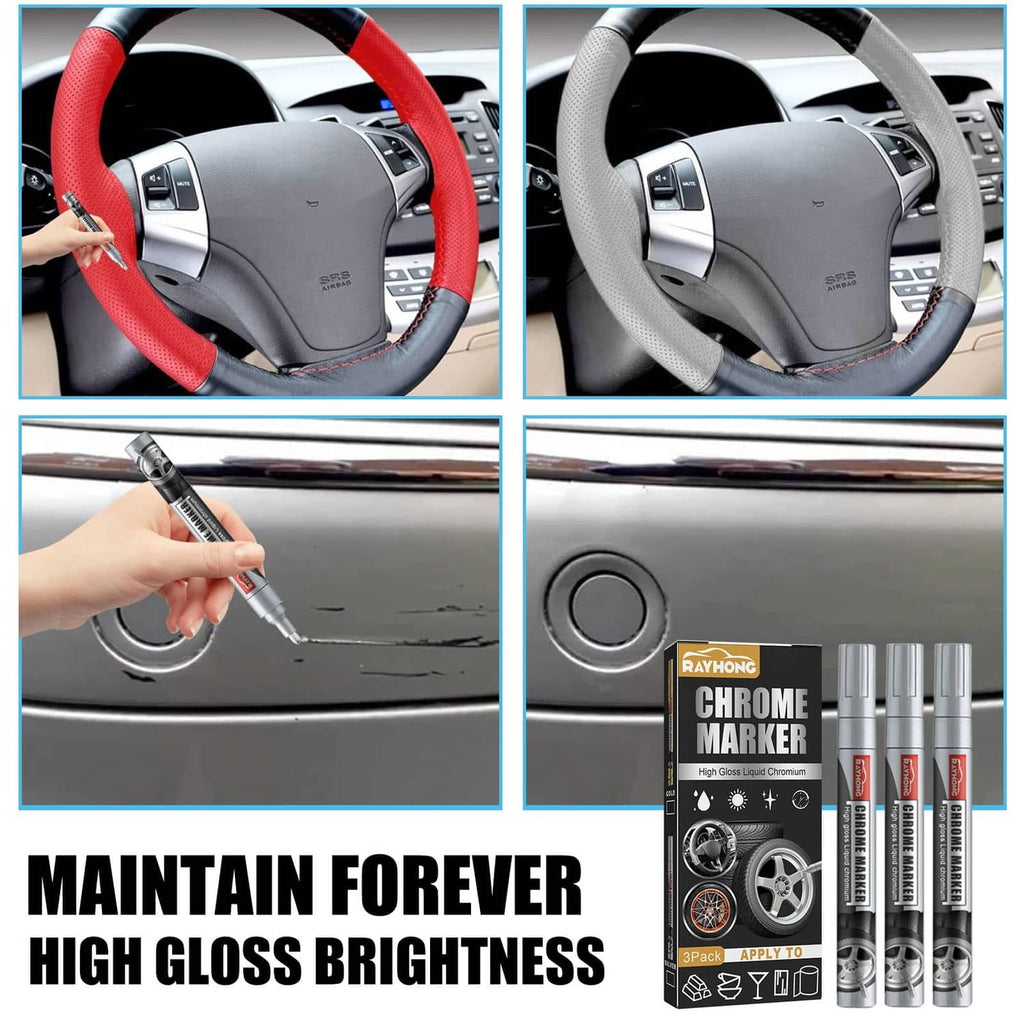 Silver chrome liquid marker shown on steering wheel area with three-pack pens and box