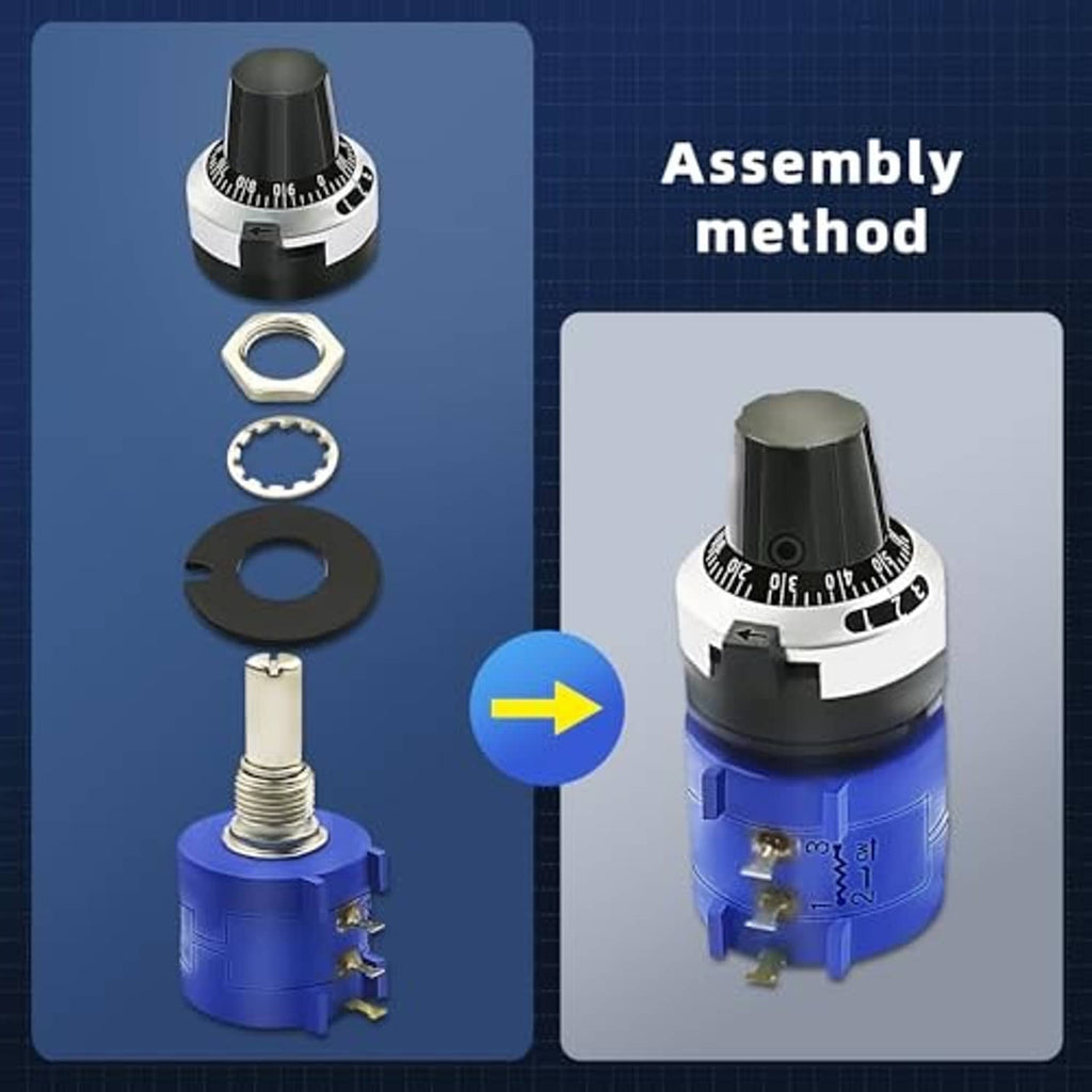 Potentiometer assembly with blue base, silver ring knob, metal shaft, and mounting parts