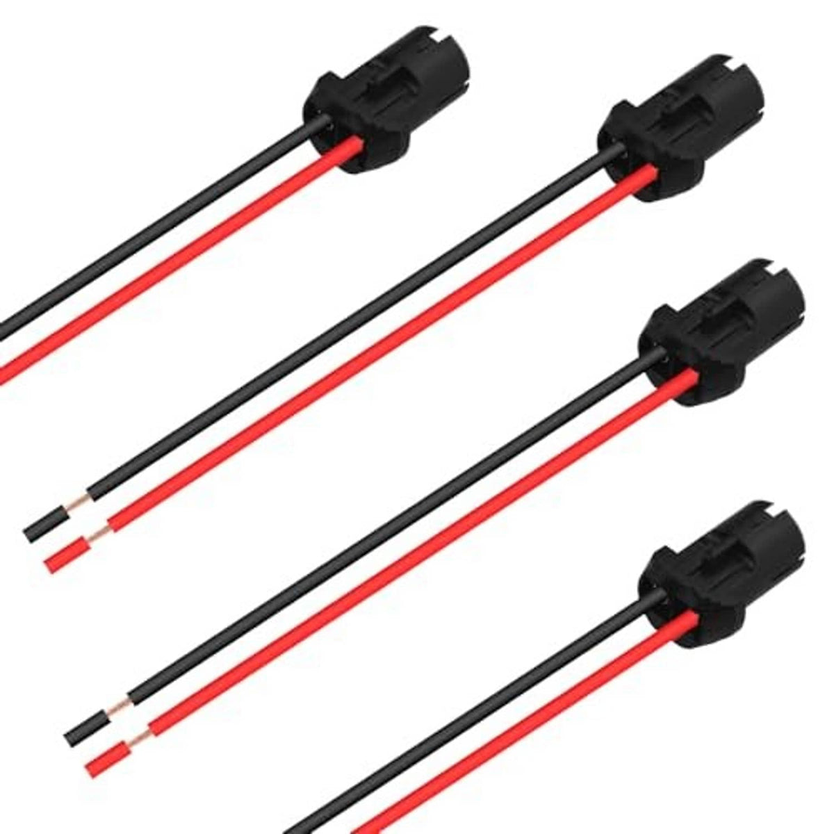 Multiple pre-wired LED bulb socket connectors with black housings and red/black wires