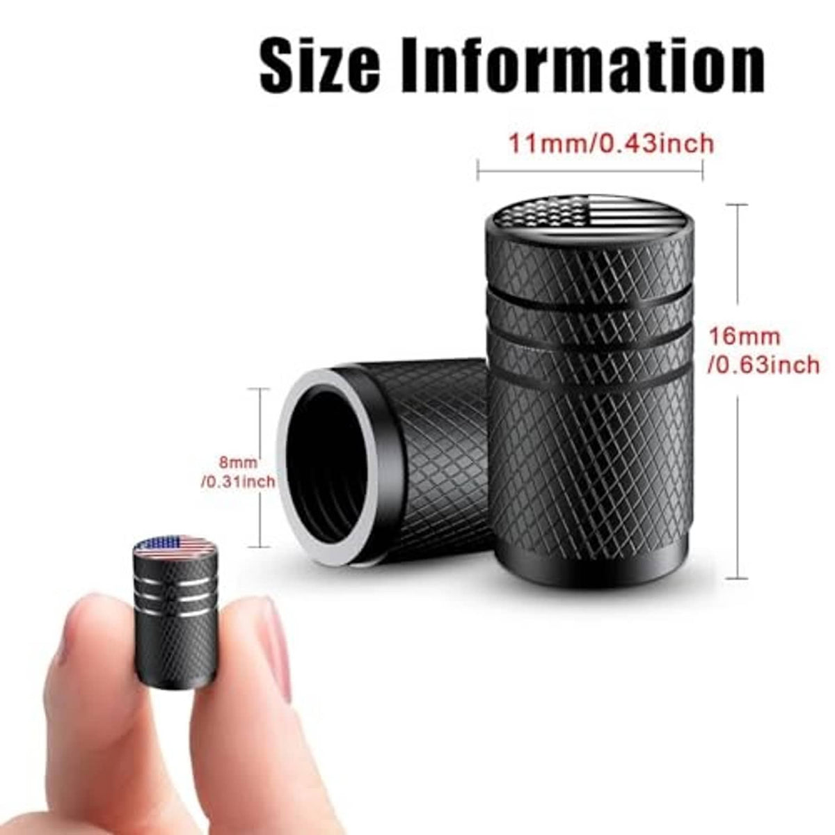 Black aluminum tire valve stem cap with textured grip and American flag top; one in hand