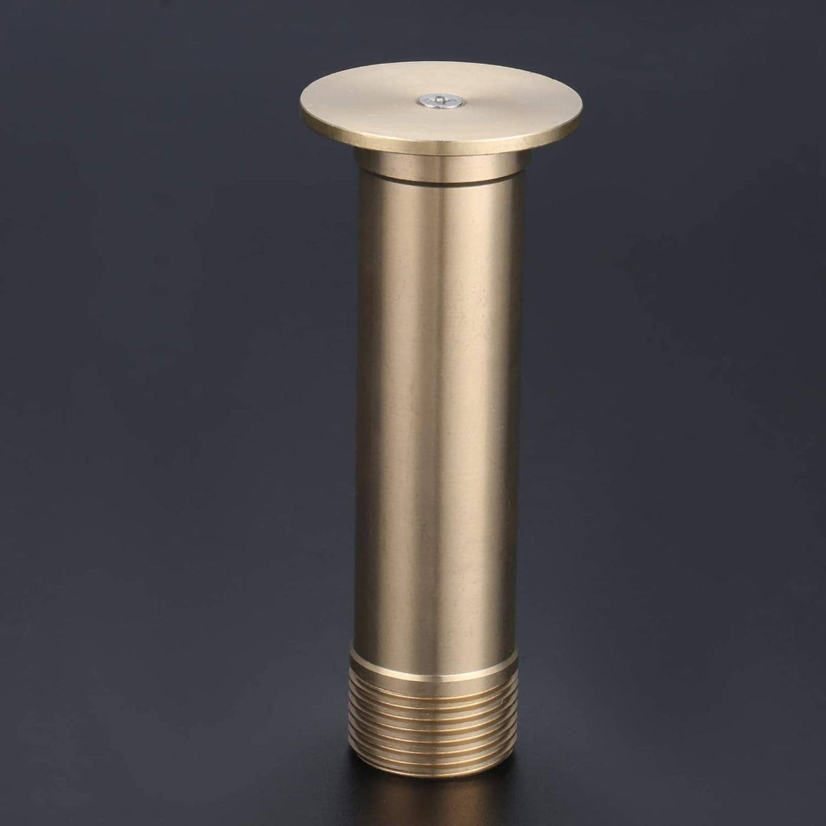 Brass fountain nozzle column with flat round top and long cylindrical body, threaded base