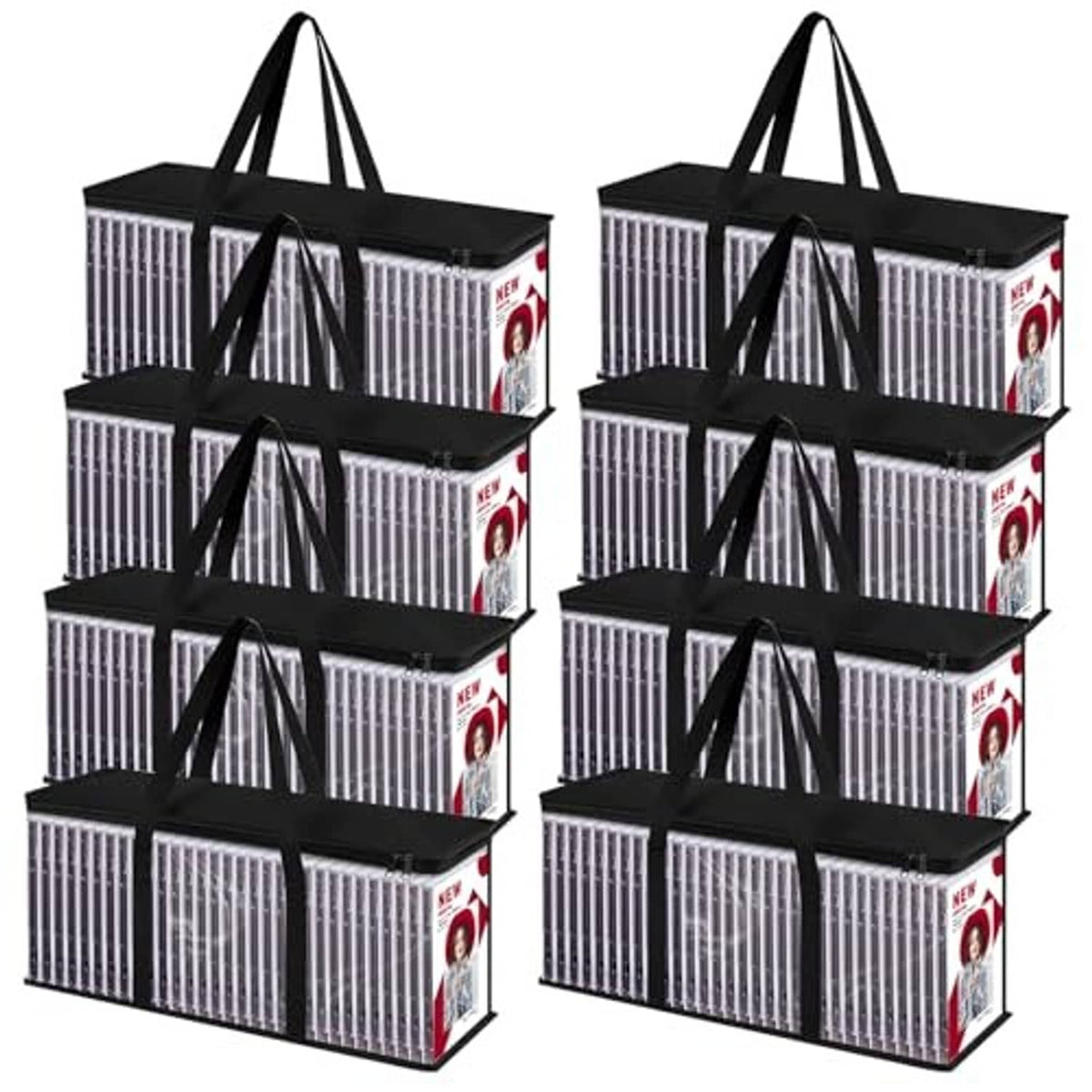 Stack of clear PVC DVD storage bags with black handles and front window