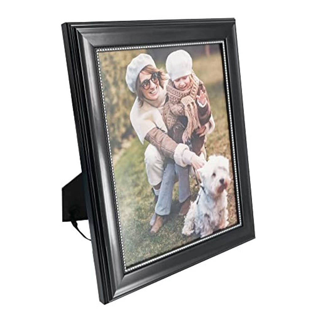 Black 8x10 picture frame with silver-bead trim, real glass, tilted standing view