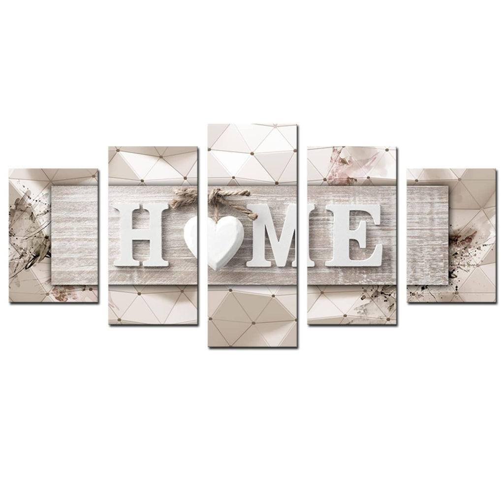 Staggered canvas wall art panels spelling "HOME" with heart, beige gray geometric background
