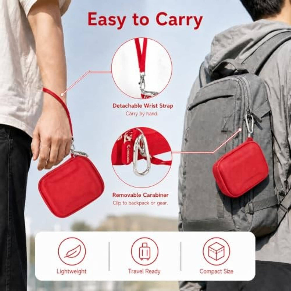 Red hard EVA speaker case with detachable wrist strap and carabiner clip, held in hand
