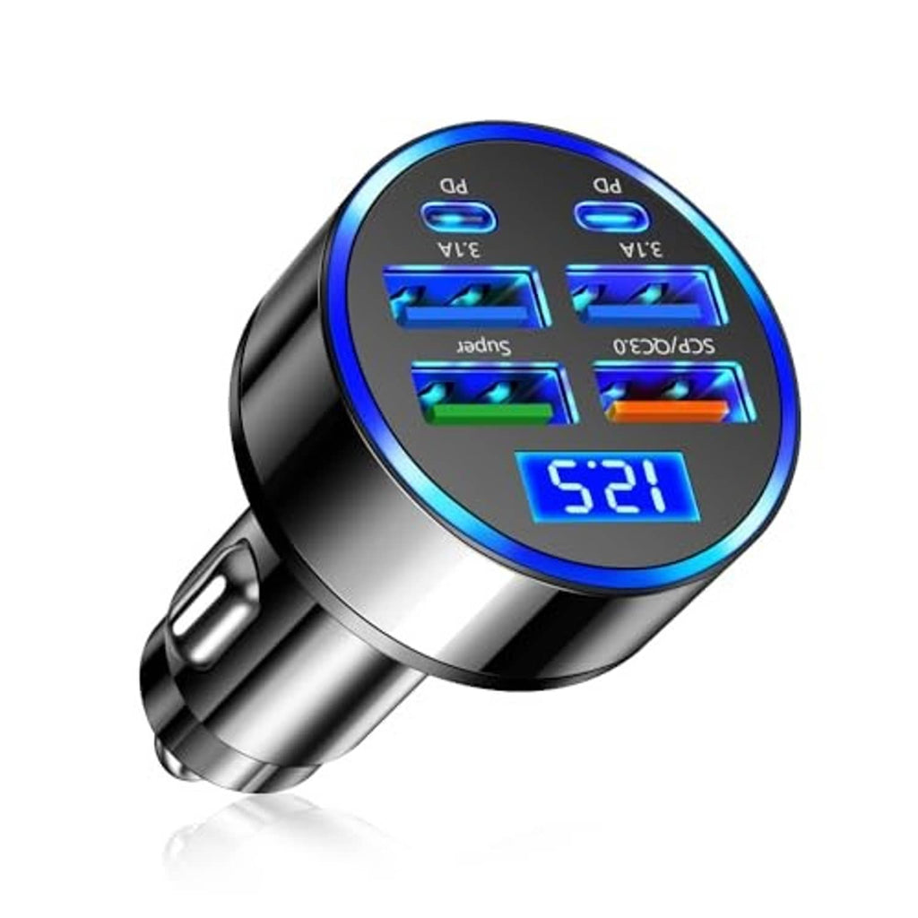 6-port car cigarette lighter adapter with blue LED voltage display reading 52.1