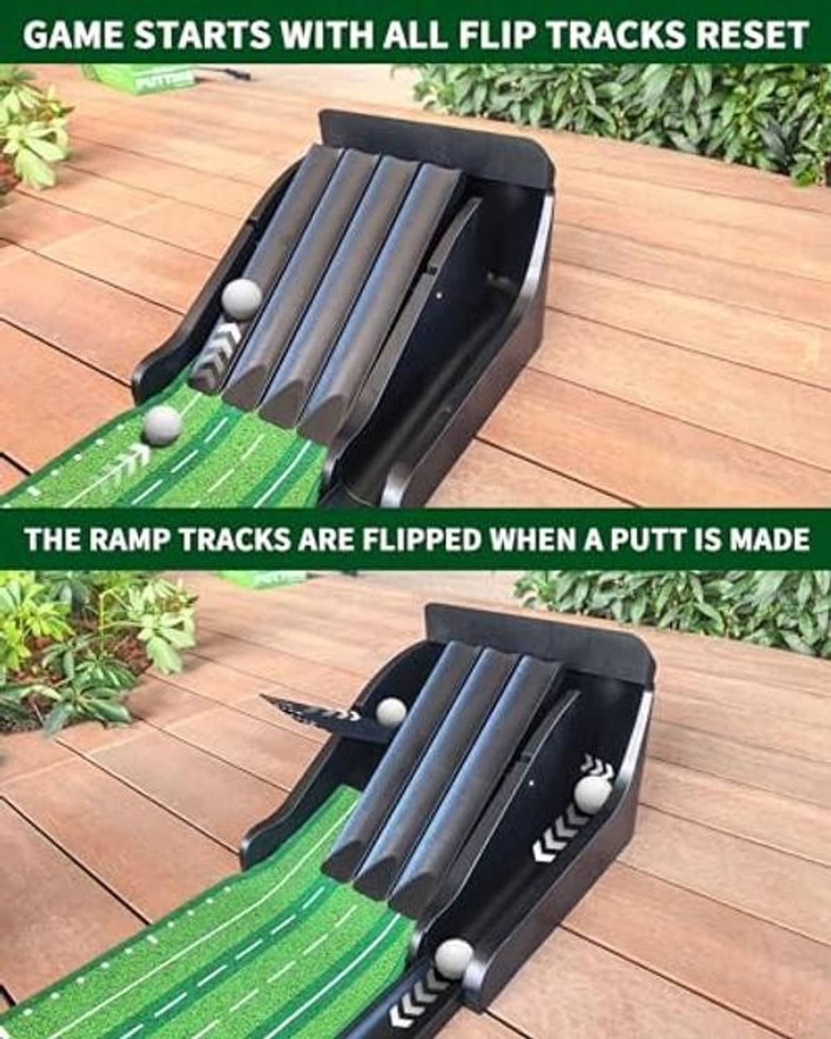 Green putting mat with black flip-track ramp and two ball positions