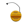 Yellow fuel tank filler cap with black tether, safety text on cap face.