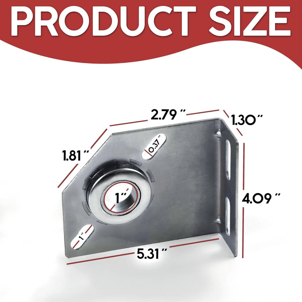 Silver garage door spring center bearing bracket with circular bearing opening and mounting tabs