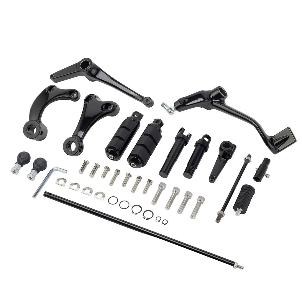 Forward control kit components in black and silver with hardware and rods