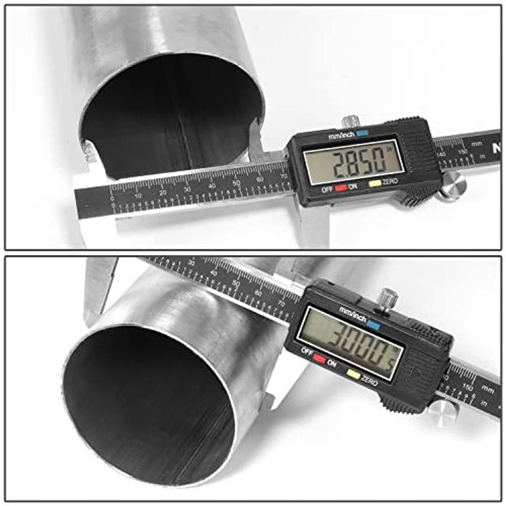 Stainless steel exhaust tubing measured with digital caliper, round 3-inch diameter