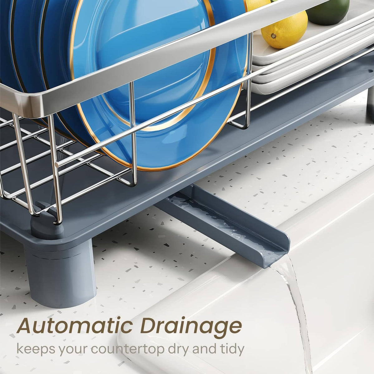 Silver wire dish rack with draining spout and stacked blue plates on lower shelf