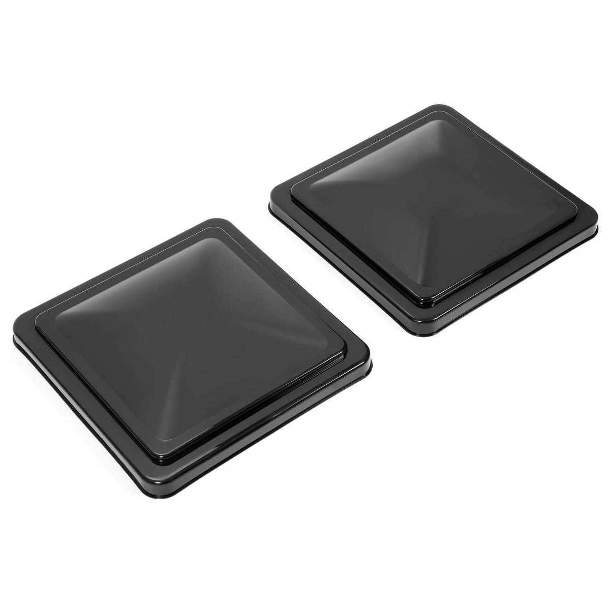 Two black RV roof vent covers with smooth hinged square lids