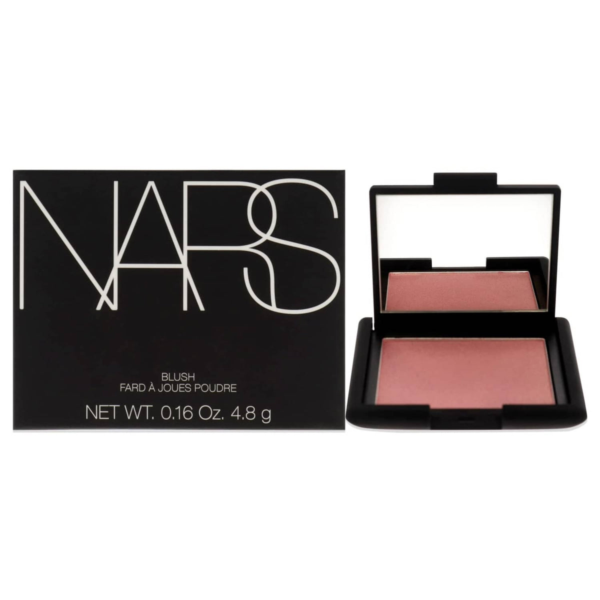 NARS blush compact with peach-pink powder pan in a black open case
