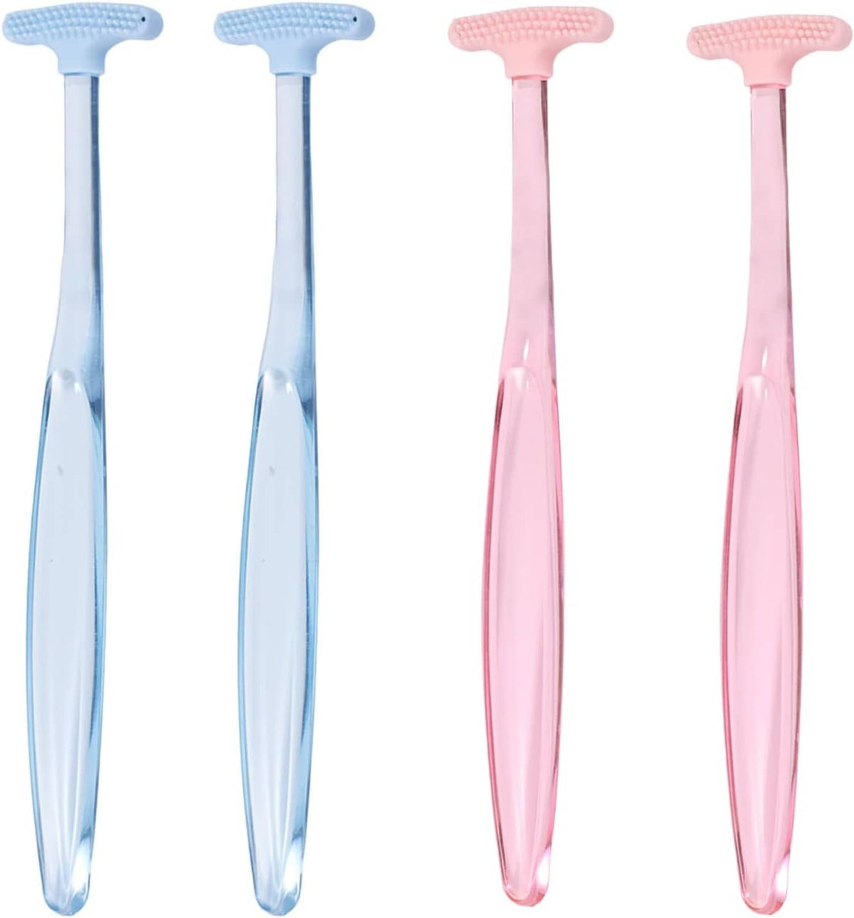 Four silicone eyelid cleansing brushes with textured tips in blue and pink