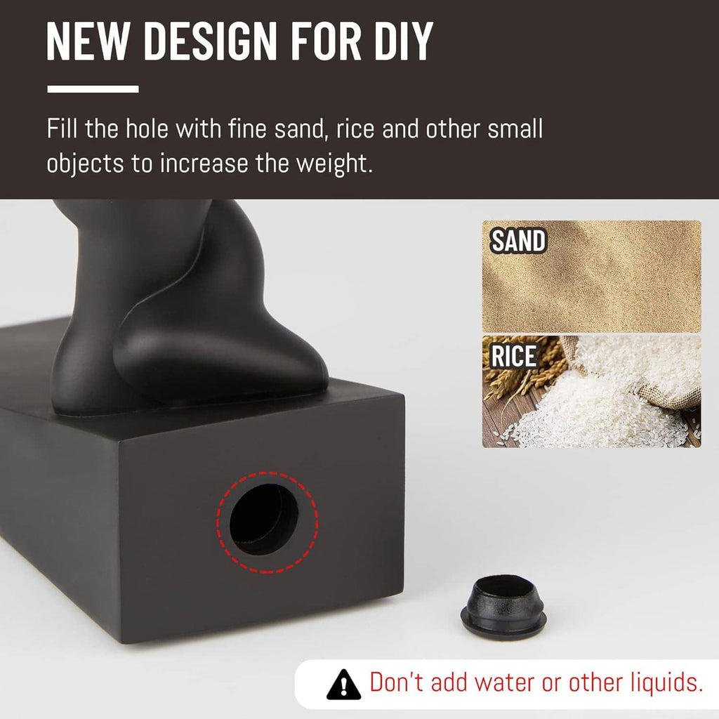 Black door stop base with filling instructions area and small opening on side.