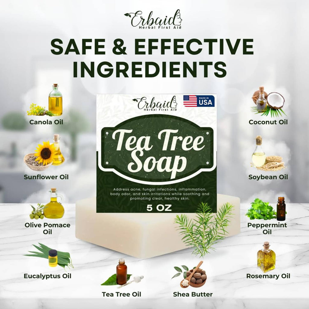 Tea tree soap bar package with natural oil ingredient icons