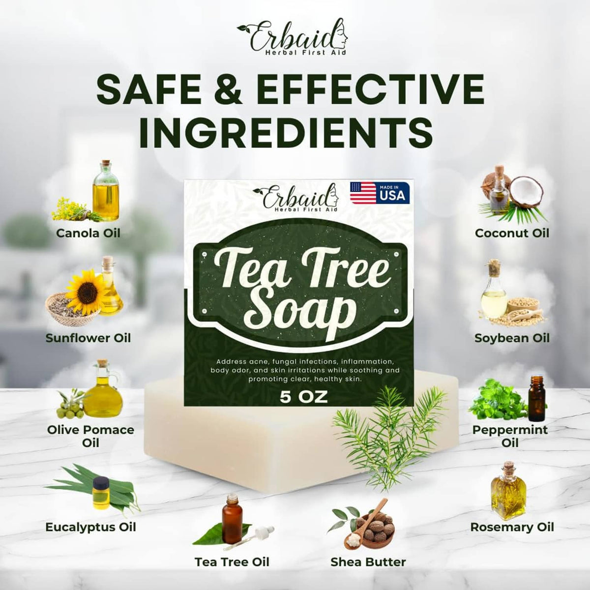 Tea tree soap bar package with natural oil ingredient icons