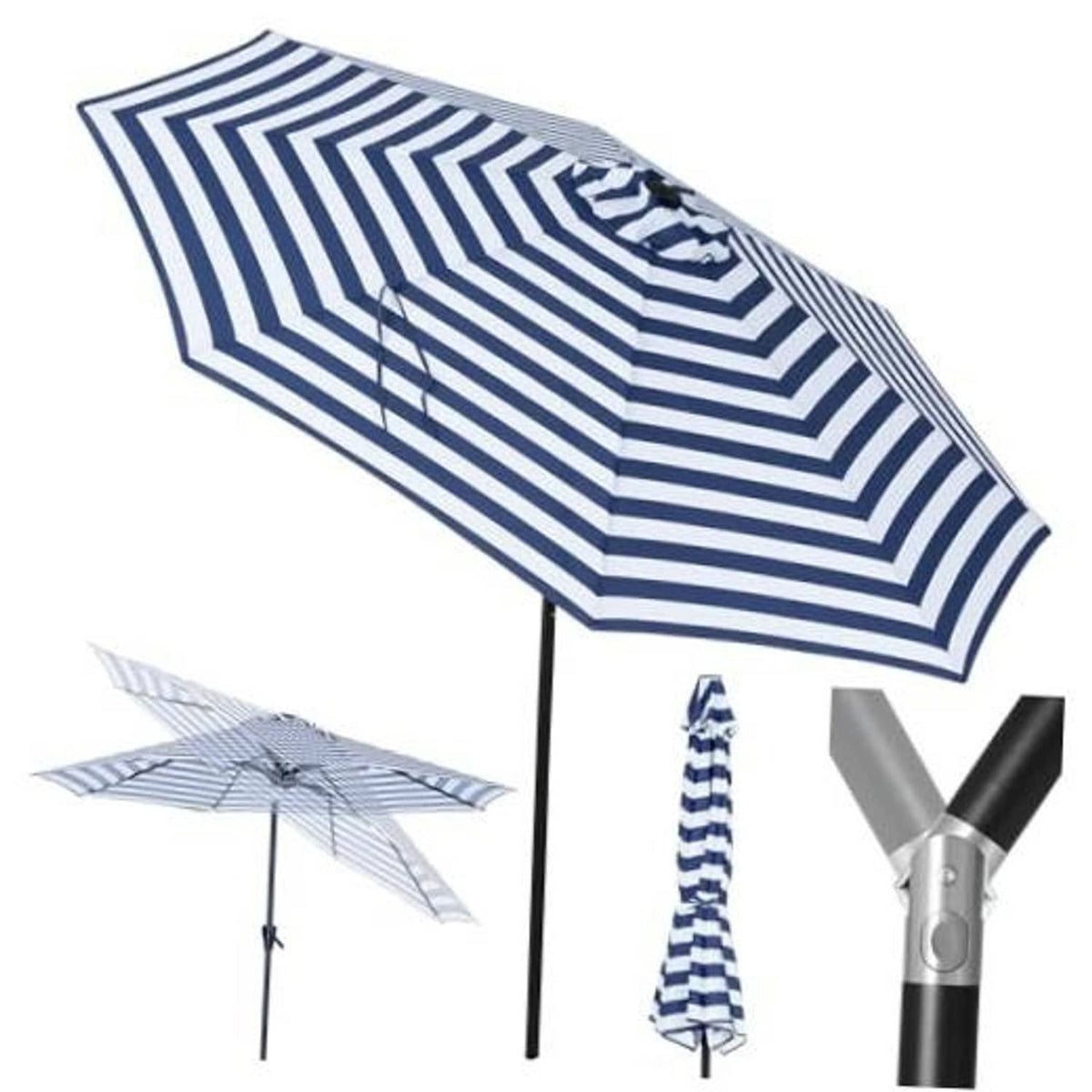 Blue-and-white striped beach umbrella with open canopy and black support pole