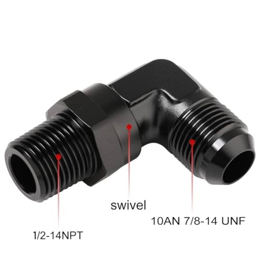 90-degree AN-to-NPT swivel fitting showing 10AN 7/8-14 UNF and 1/2-14 NPT