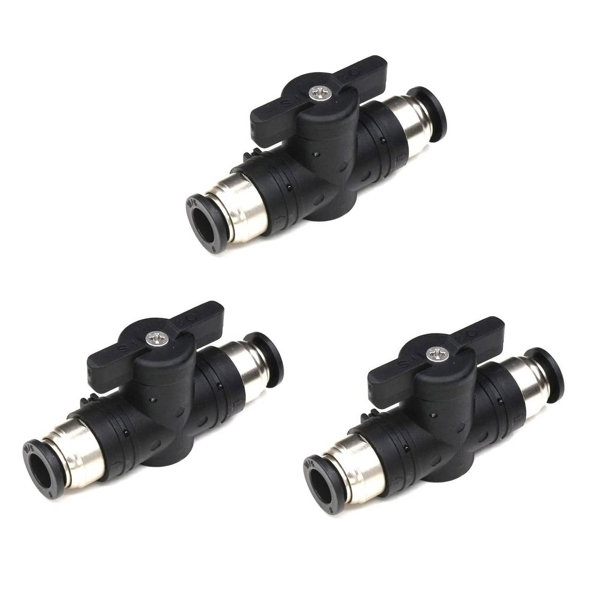 CEKER 1/4 push-connect pneumatic ball valve, black body with two tube ports