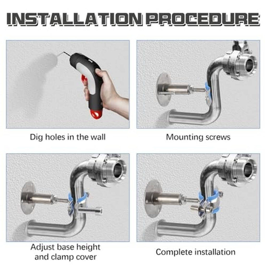 Stainless steel pipe support bracket kit with blue clamp, mounting screws, and base