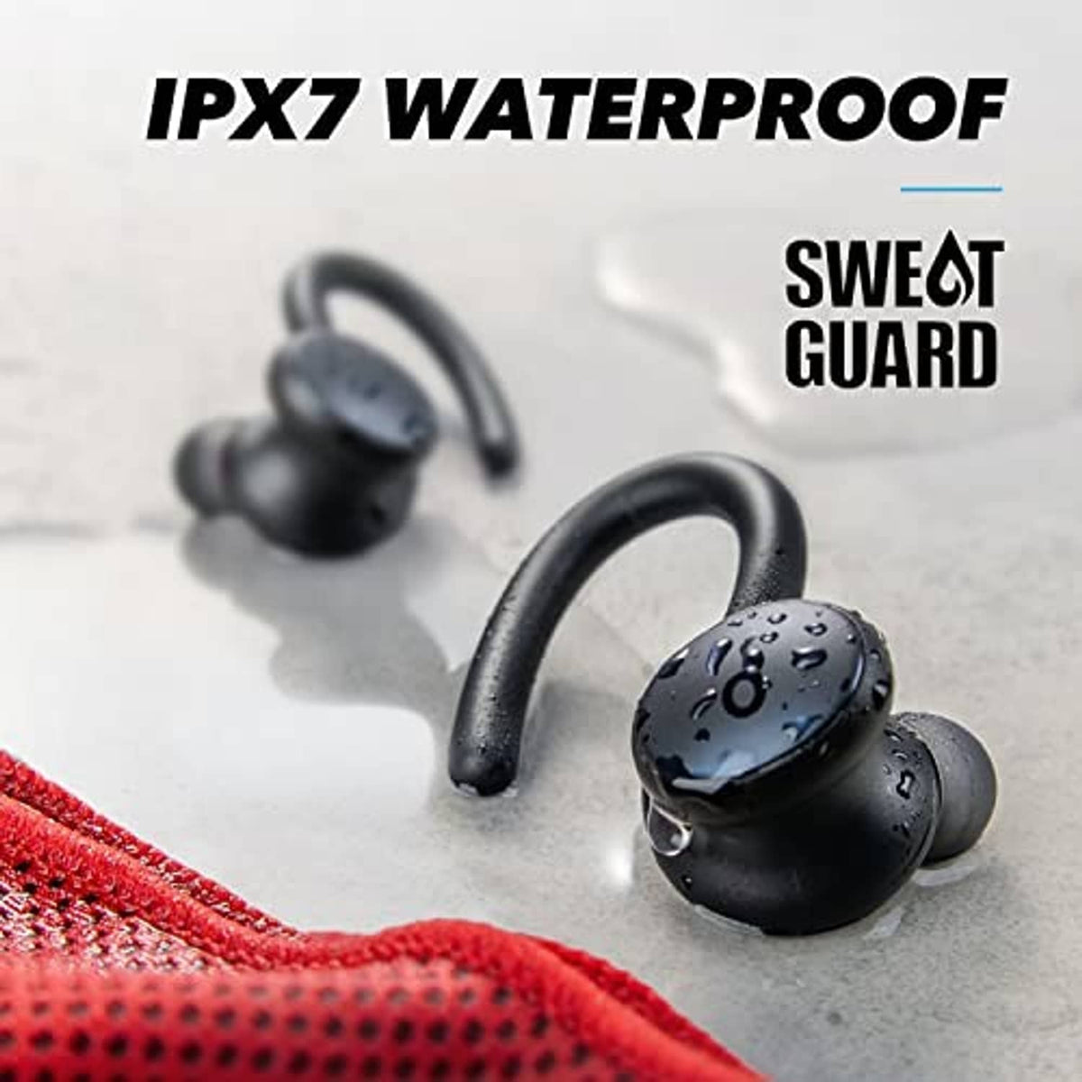 Black sport earbuds with water droplets, over-ear hooks and ear tips visible.