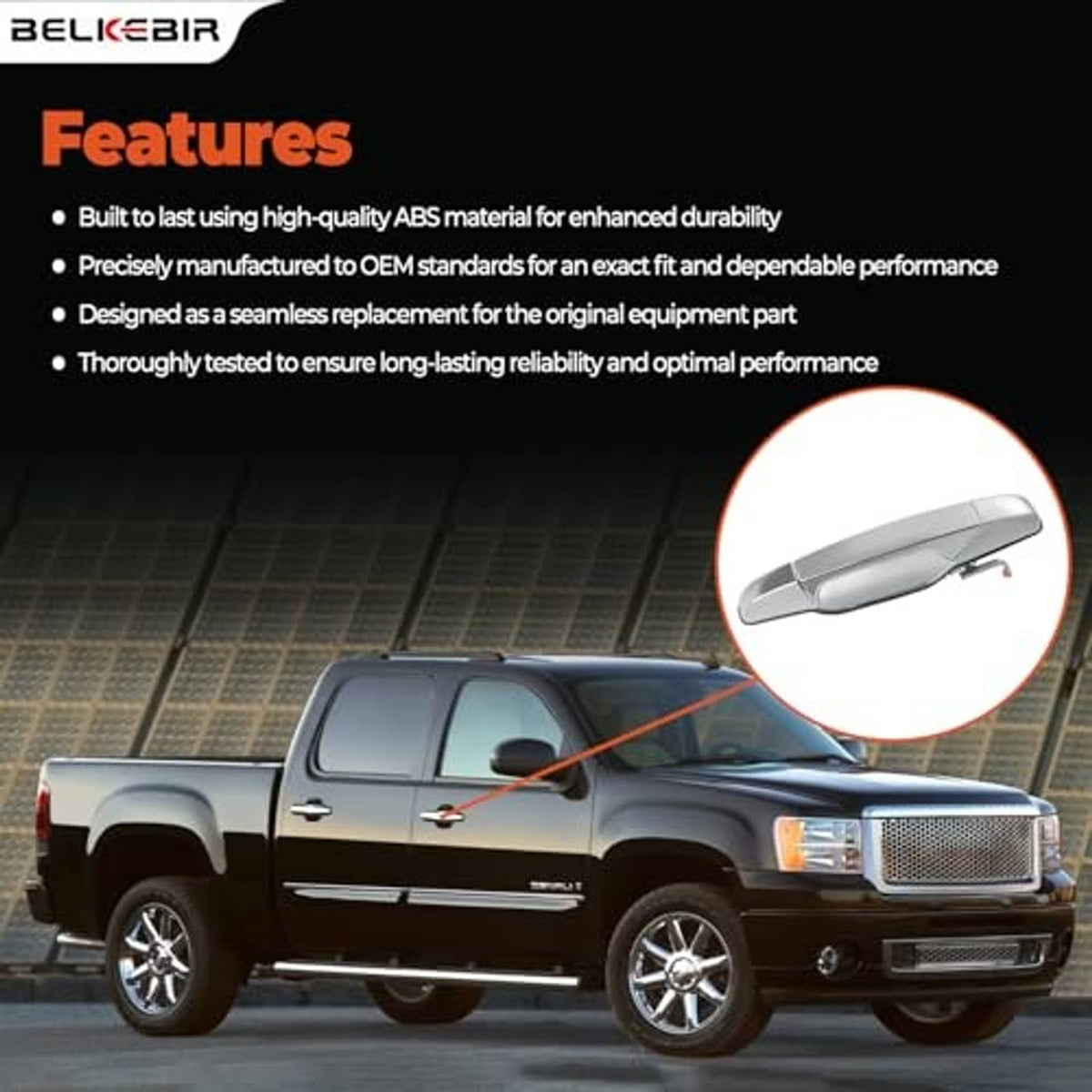 Chrome exterior door handle on front right passenger side of vehicle