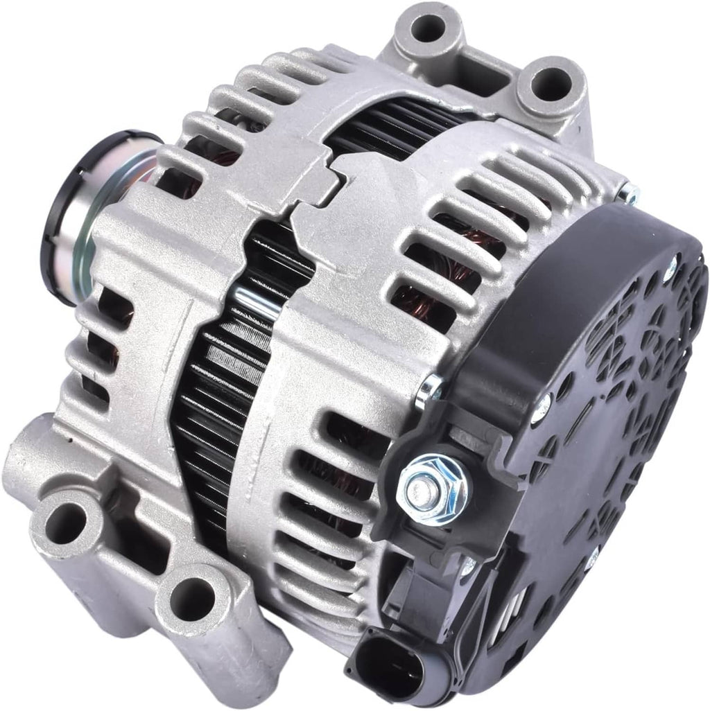 Automotive alternator with fan housing and belt pulley, silver casing and black rear cover