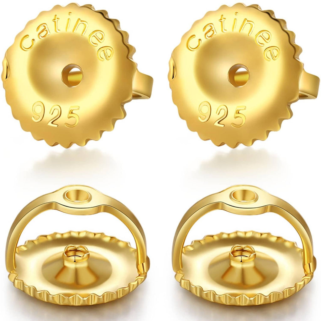 Gold screw earring backs with posts, scalloped 925 discs, front and rear views