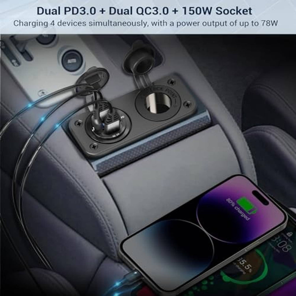 Dual USB car charging socket with QC/PD ports in dashboard, shown with devices