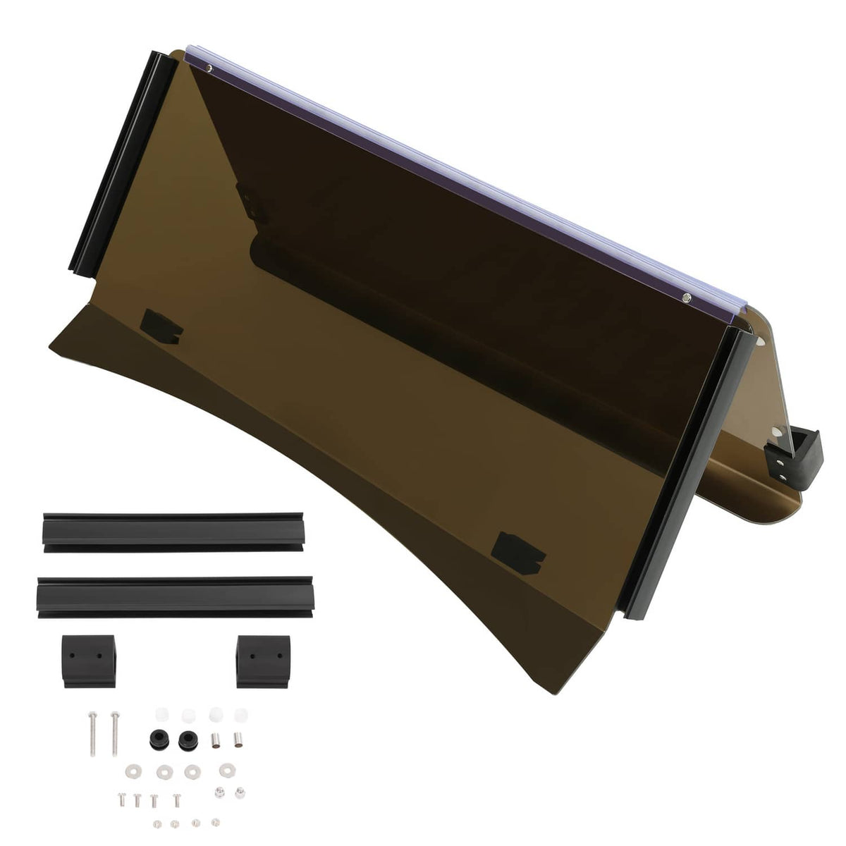 Fold-down tinted windshield panel with black mounting brackets and included hardware pieces.