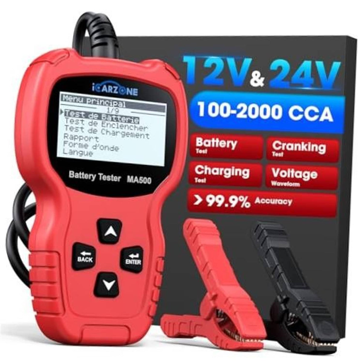Red digital car battery tester with screen display and button keypad