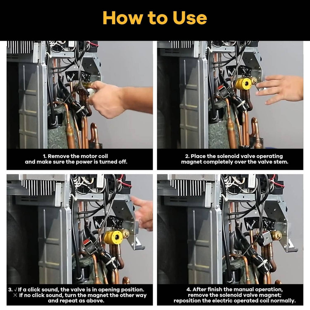 Yellow solenoid magnet tool used in four-step solenoid valve operation guide