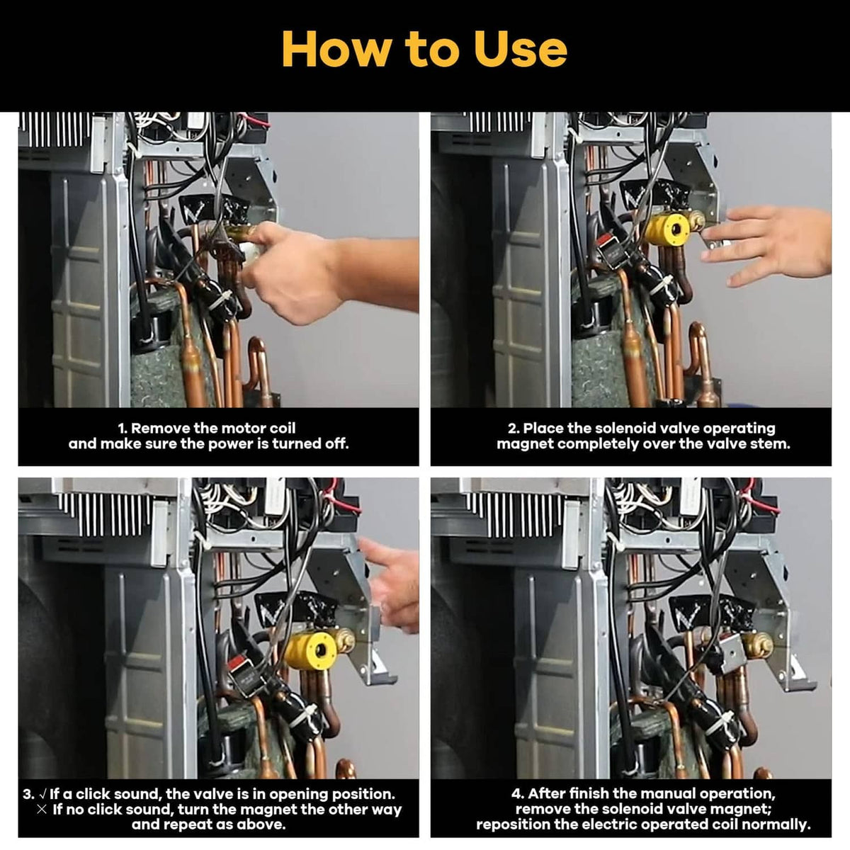 Yellow solenoid magnet tool used in four-step solenoid valve operation guide