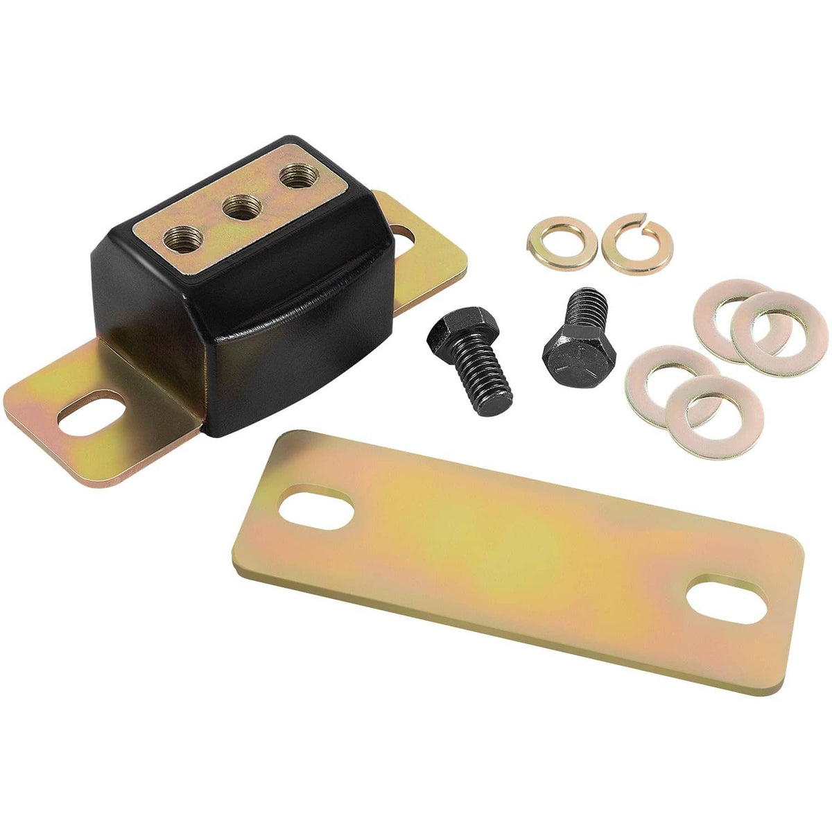 Transmission mount kit with black polyurethane bushing, yellow brackets, bolts and washers